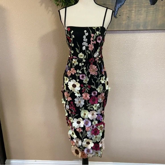 NWOT Lulus Thriving Energy Black 3D Floral Embroidered Lace-Up Midi Dress - Picture 9 of 13